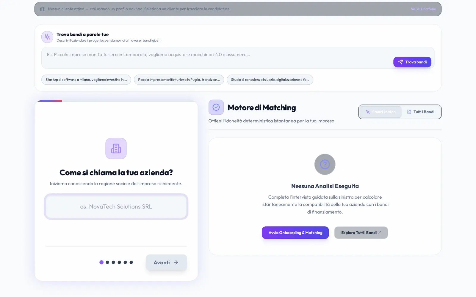 Inside the application: a free-text box inviting the user to describe their company and project in their own words with example prompts underneath, a guided interview on the left asking for the company name as step one of six, and a matching engine panel on the right offering instant deterministic eligibility, currently showing that no analysis has been run yet