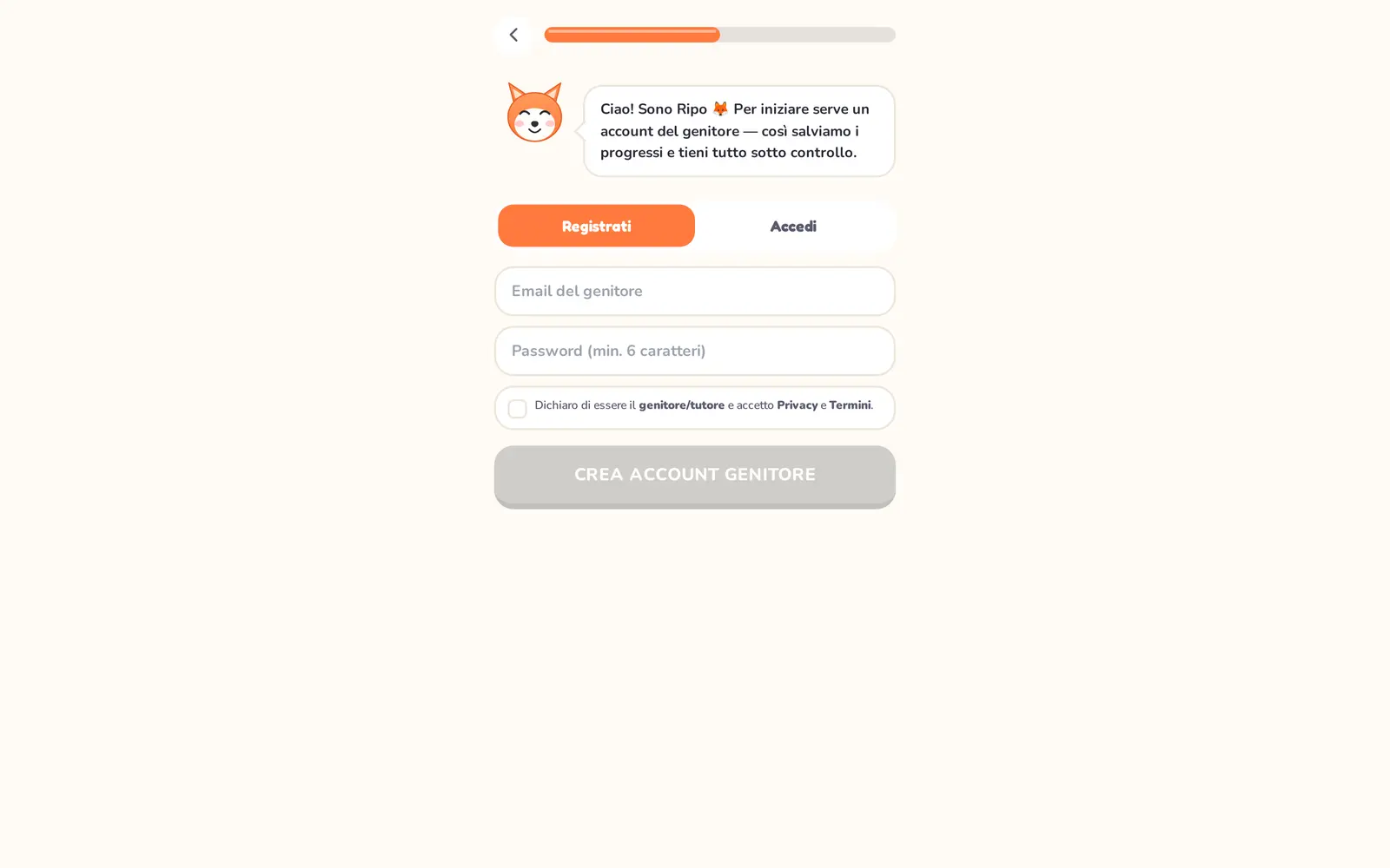 The ilRipasso onboarding inside the app: Ripo the fox explains that getting started needs a parent account so progress is saved, above fields for the parent's email and a password, a checkbox declaring the person is the parent or guardian and accepts the privacy policy and terms, and a disabled create-parent-account button
