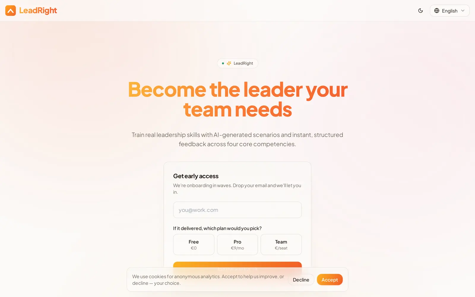 The LeadRight landing page: headline about becoming the leader your team needs, a description of AI-generated scenarios scored across four competencies, an early-access form asking which plan the visitor would pick, a language selector and a cookie choice banner