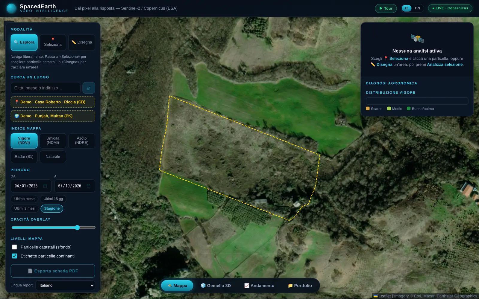 Space4Earth map view over real satellite imagery: a selected field parcel, NDVI/NDMI/NDRE index controls, cadastre layers, and the 3D-twin and trend tabs