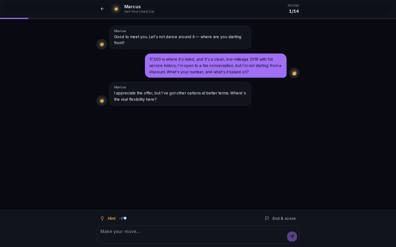A live negotiation round against Marcus: his opening line, the player's counter, and his in-character reply pushing back with other options